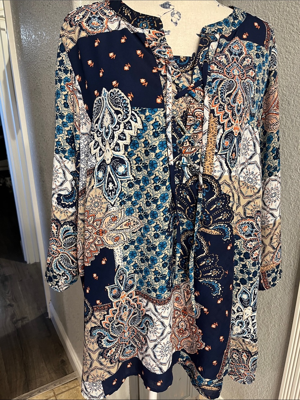 Avenue Navy Blue Floral Paisley Lace-Up Tunic Blouse